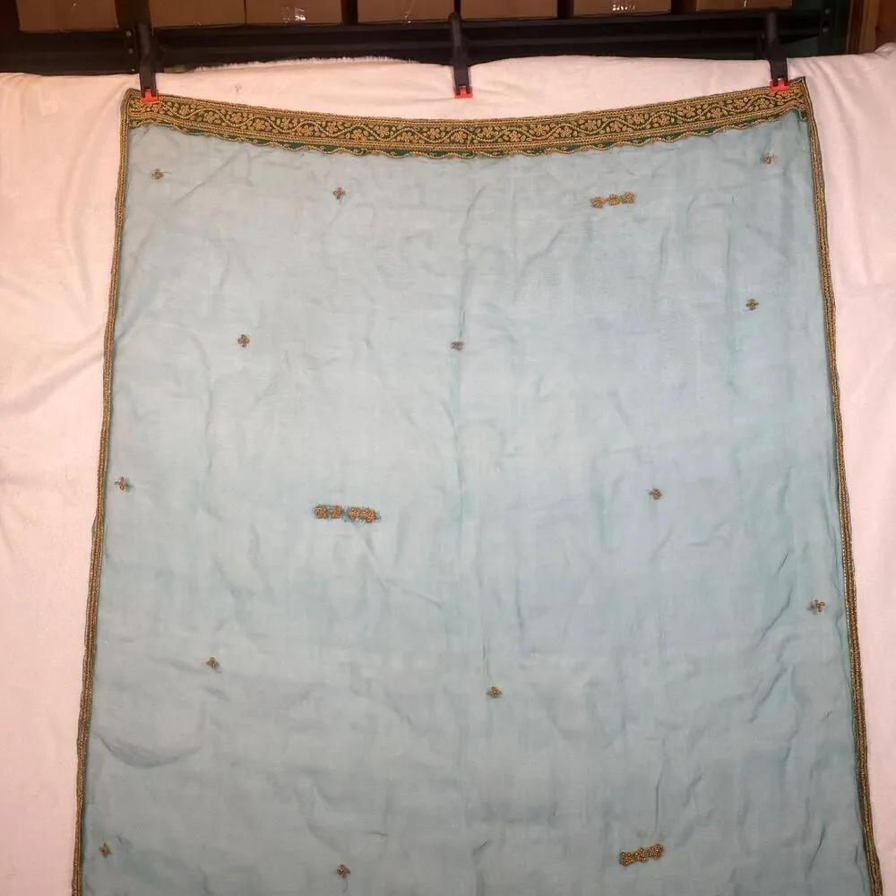 Indian Dupatta Chunni Mint Green Sheer Net Gold Zari Embroidery Scarf Shawl